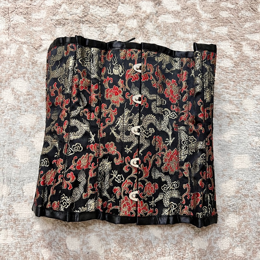 Black Brocade Dragon Print Corset-Style Skirt with Red and Gold Accents